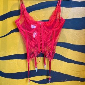 Shirley vintage red teddy lingerie bustier top lace up front sheer. Lace. 38